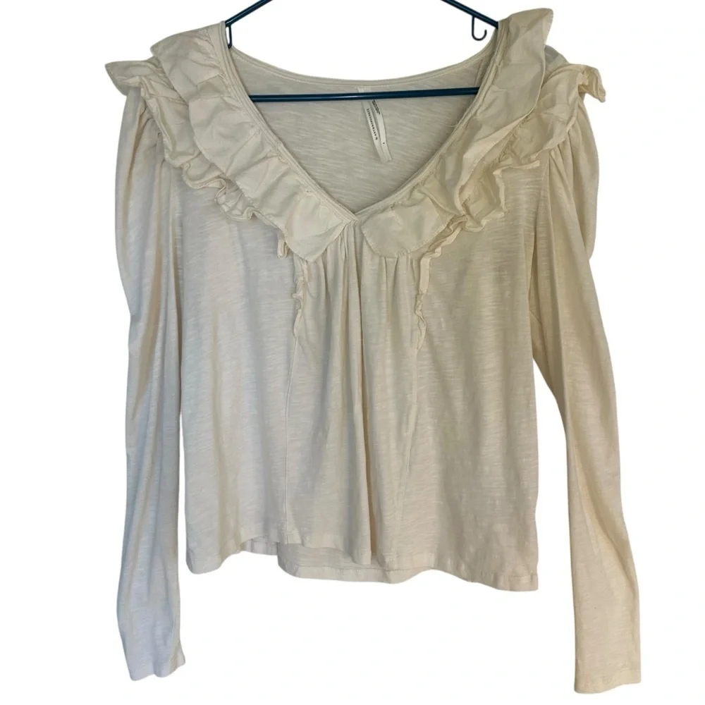 Anthropologie Cream‎ Ruffled V-Neck Puff Shoulder Blouse Cotton Small